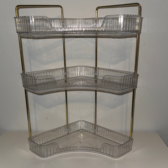 3 tier Clear Acrylic Corner Shelf with Gold Frame - Picture 1 of 9
